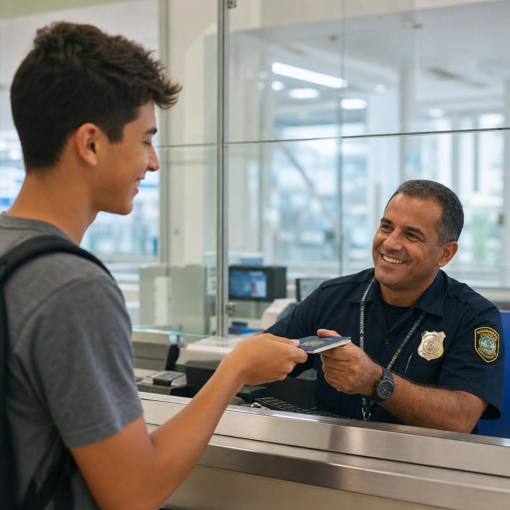 Policial federal em cabine recebendo passaporte brasileiro de um menor sorridente no aeroporto
